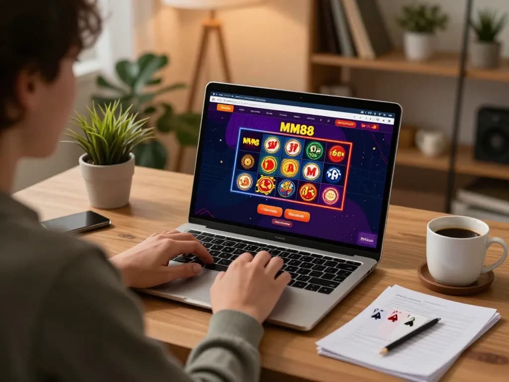 Person engaging with online MM88 casino interface on laptop, showcasing a responsible gambling environment.