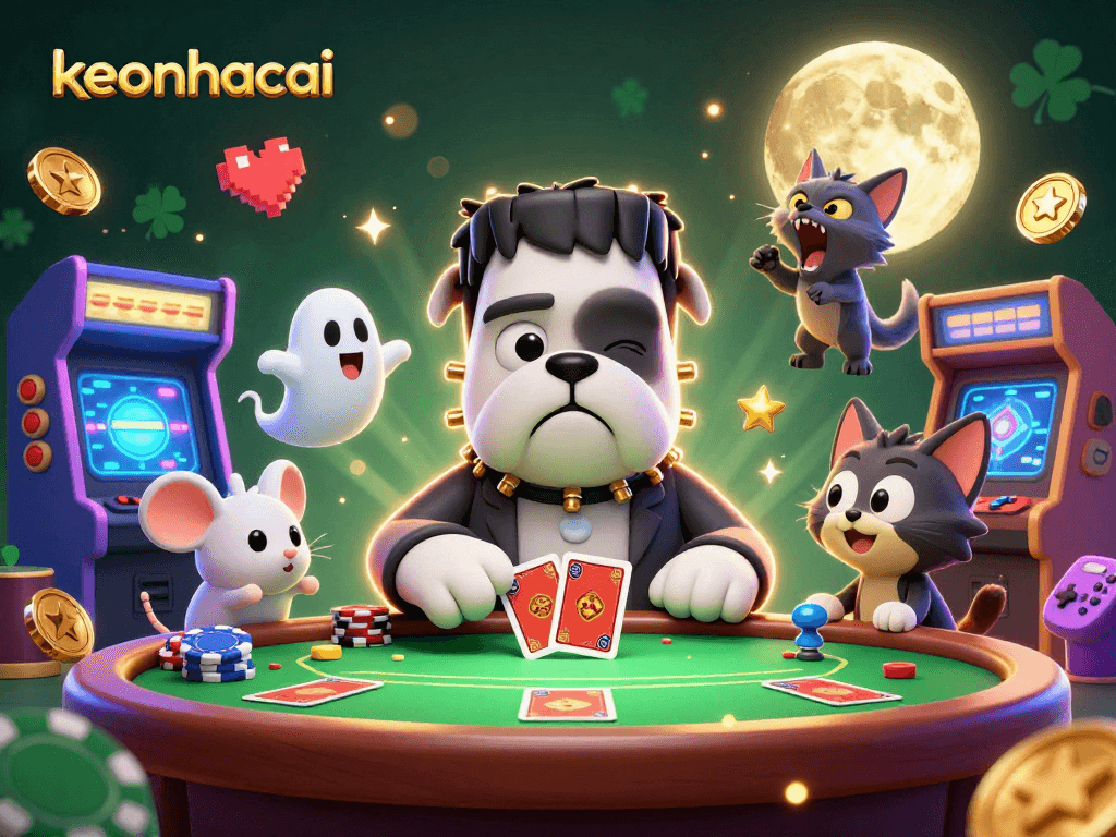 Engage with keonhacai in an exciting poker scene featuring cartoon characters and neon game elements.