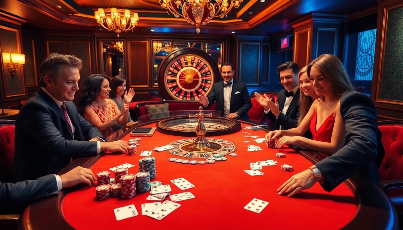 Players enjoying a thrilling poker game at 789Win's luxury casino table.