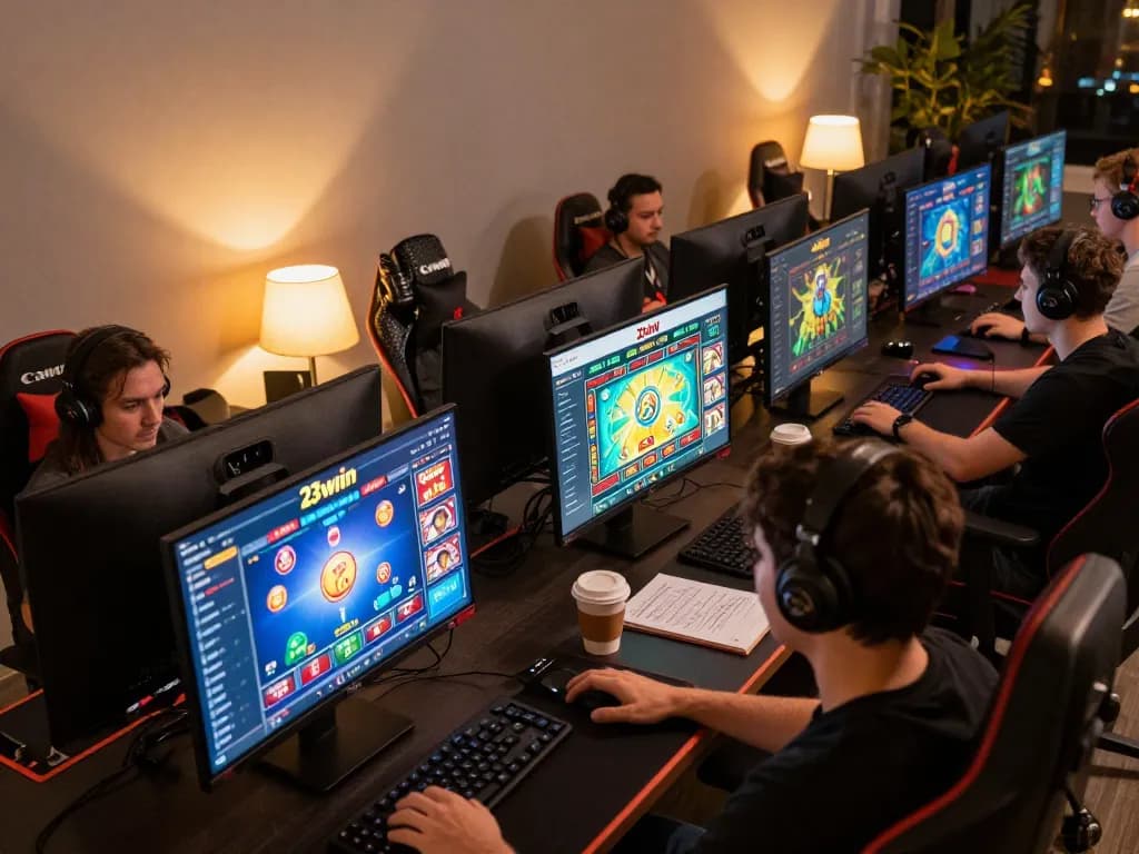 Engaging online gaming scene at 23win showcasing players concentrating on casino games.