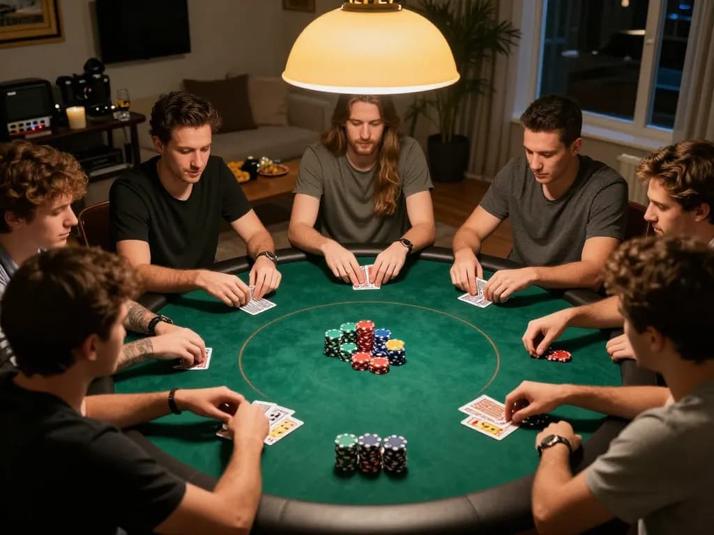 Friends enjoying an exciting poker game, showcasing qq88 strategy in a cozy home setting.