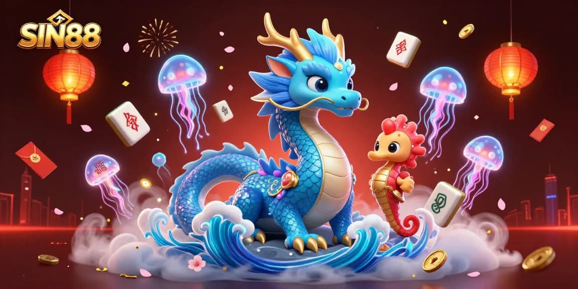 SIN88 celebrates exciting gaming experiences with a water dragon, knight, and jellyfish in a vibrant casino atmosphere.