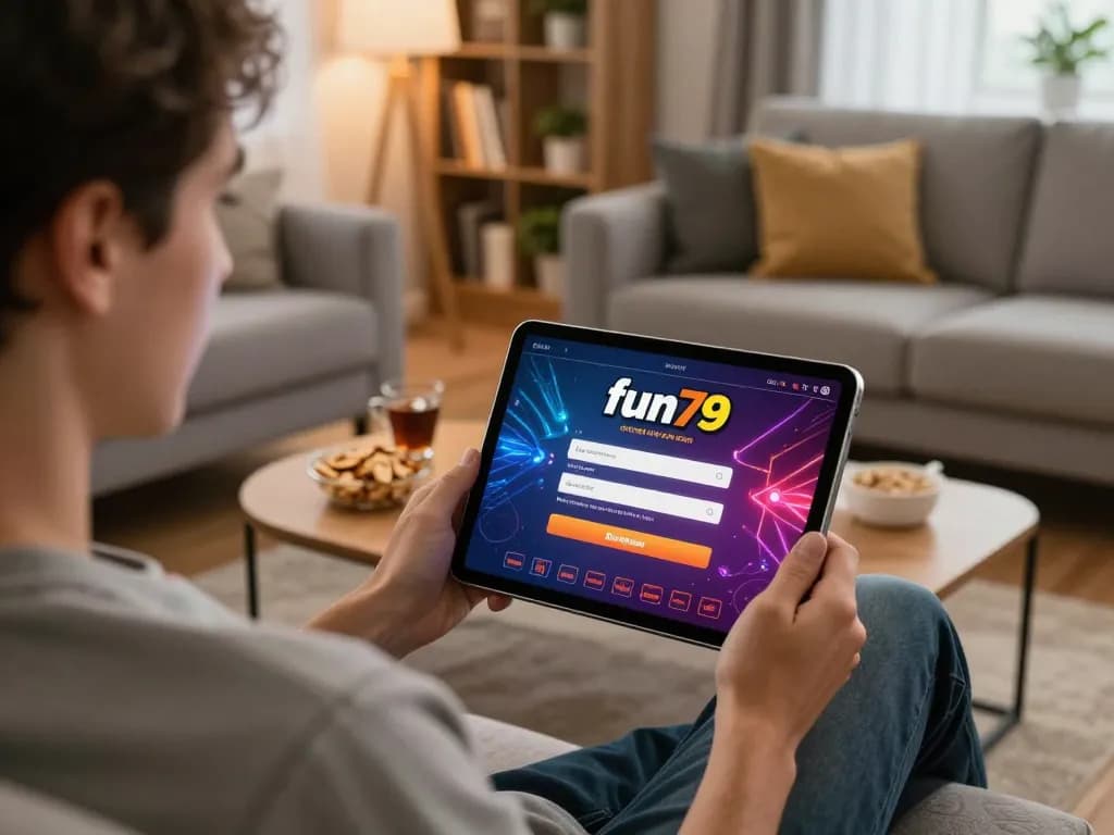 Logging into fun79 online casino on a tablet in a cozy home setting, showcasing user-friendly interface.
