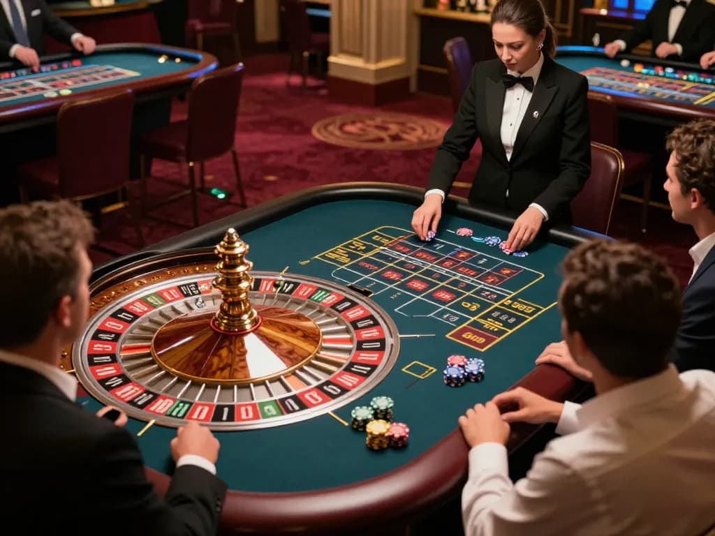 SC88 players placing bets at a vibrant roulette table in a luxurious casino setting with warm lighting.