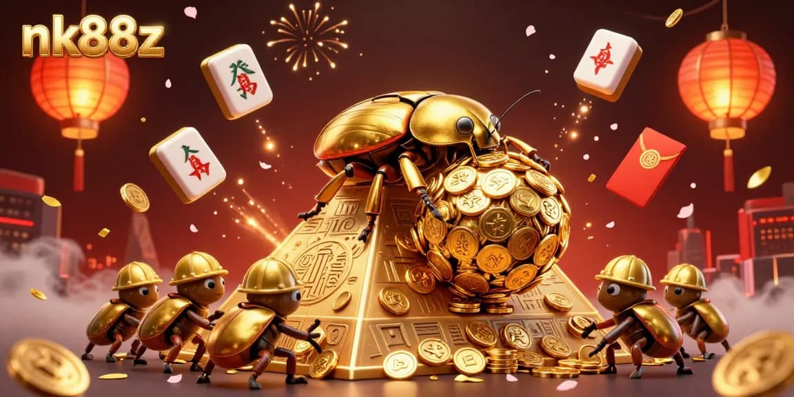 Engage with nk88z's vibrant casino world featuring dynamic golden beetles and festive elements.