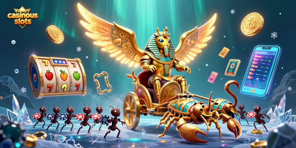 Experience casinous slots with a dynamic scene featuring a golden scarab beetle and slot elements.