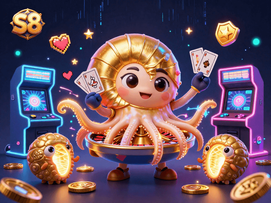 Experience the thrill of S8 gaming with a vibrant casino scene featuring unique characters and game elements.