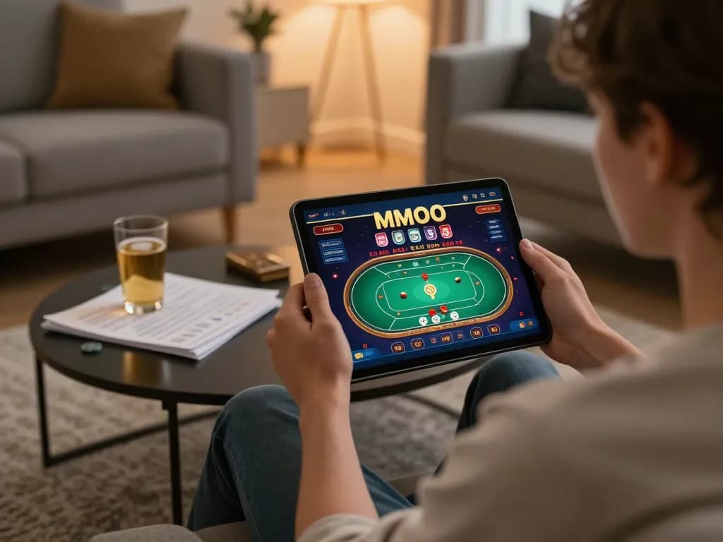 Engaging online poker gameplay on MMOO with a player in a cozy home setting.