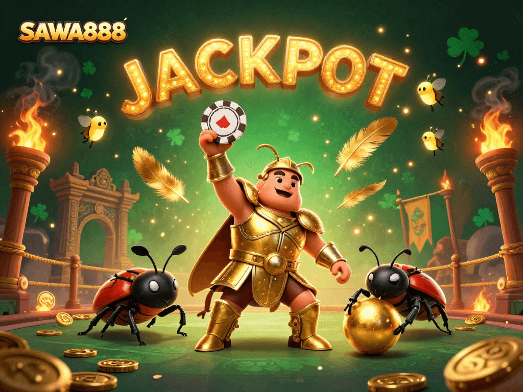 Experience exciting gameplay at SAWA888 with a victorious beetle character in a dynamic casino scene.