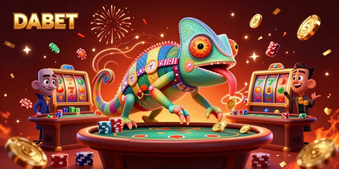 DABET's lively casino scene featuring a colorful chameleon owner, slot reels, and vibrant decorations
