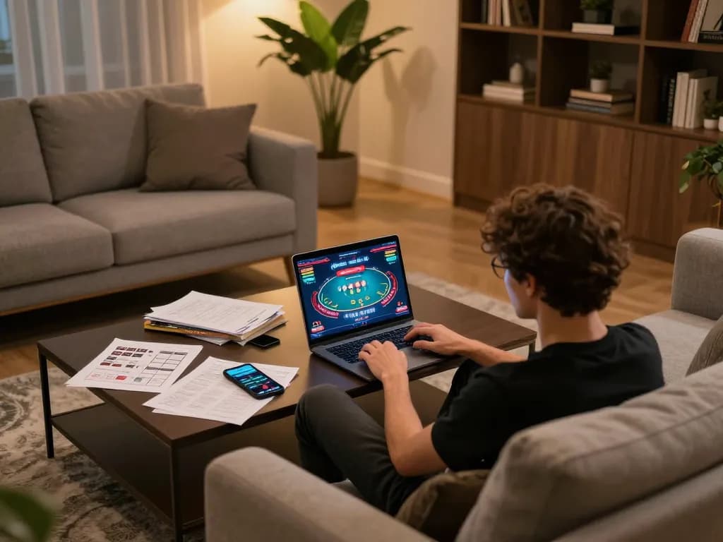 Engaged player enjoying 789bet vip online poker game in a stylish living room environment