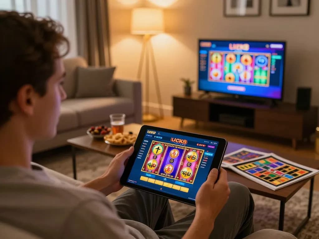 Engaging online casino scene showcasing a player using the LUCK8 app in a cozy home setting.