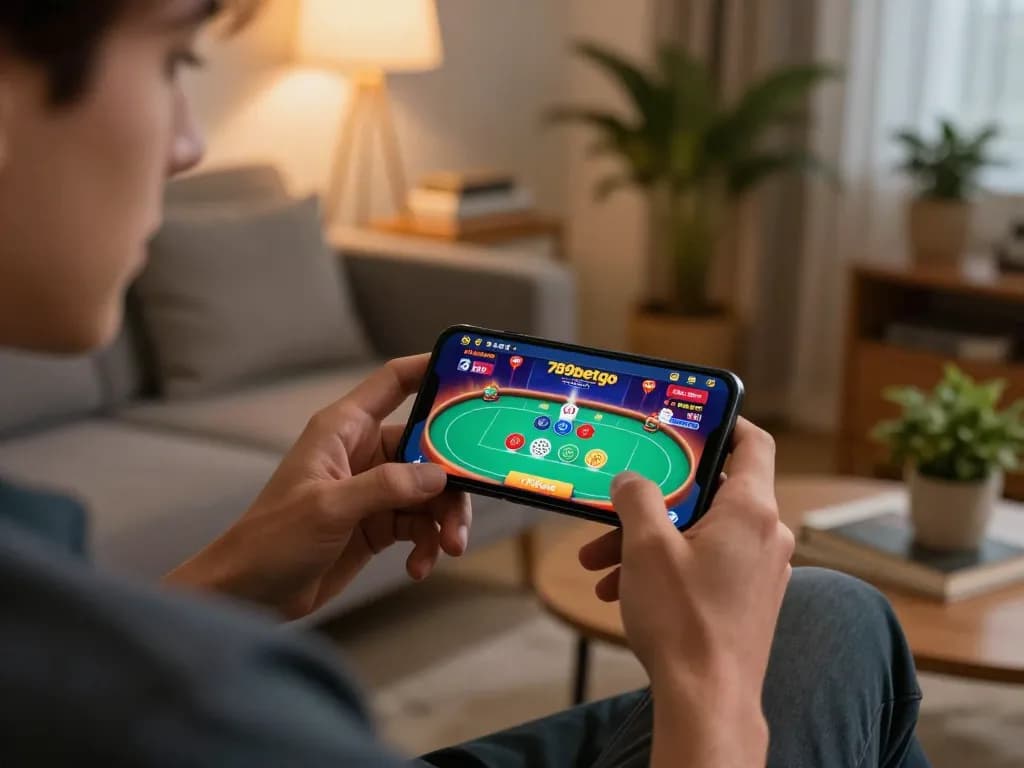 Engaging with the 789betgo app for a mobile poker game in a cozy home setting.