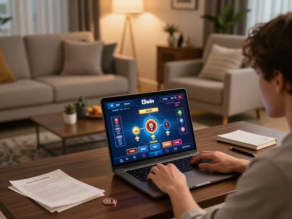 Playing on the 13win online casino, showcasing an engaging gaming session at home with stylish decor.