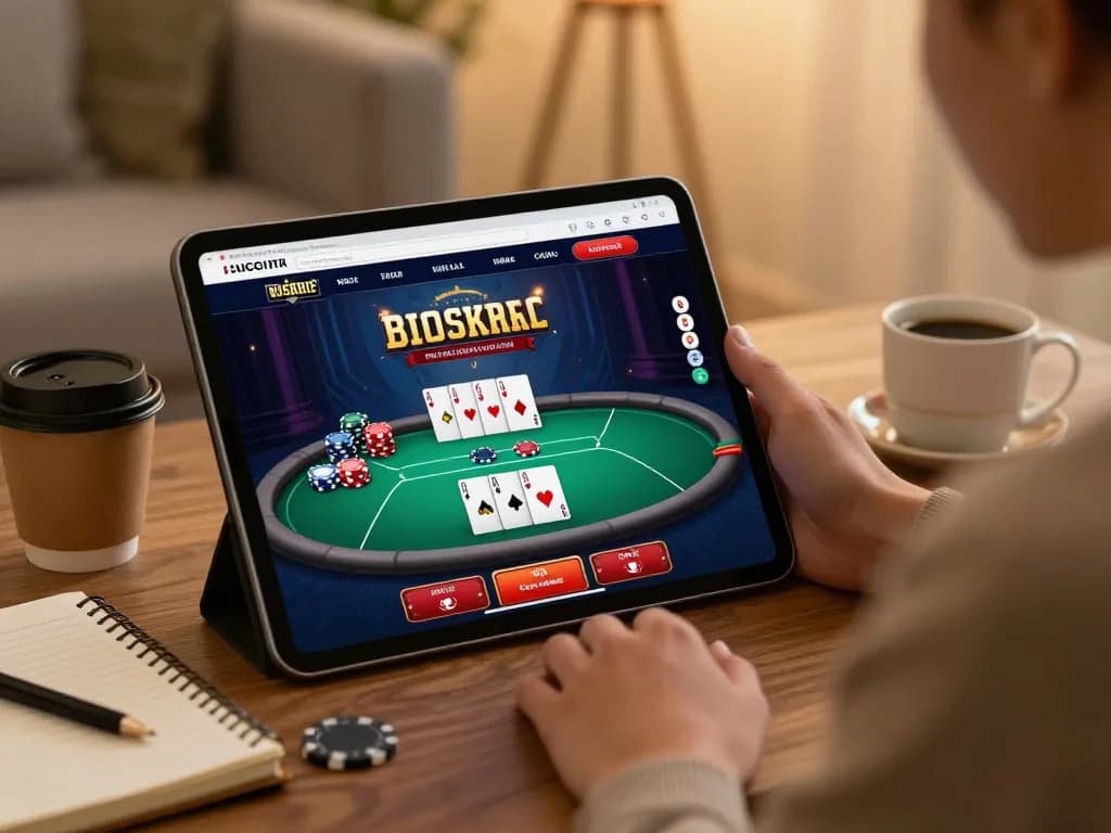 Player enjoying poker gameplay on go8.com with warm ambiance and strategic focus at home.