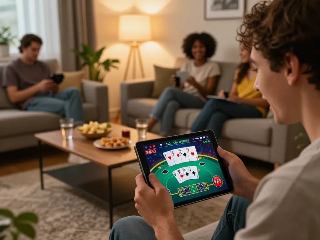 tg88 player celebrating a win on online poker game tablet in a cozy home setting