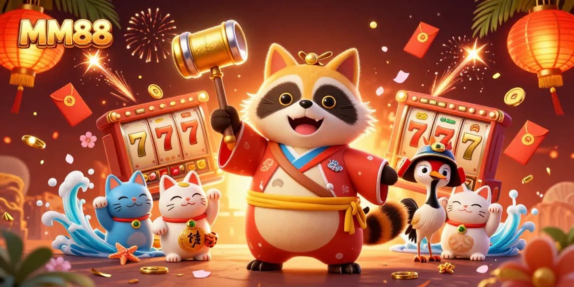 Engage with MM88's vibrant casino theme featuring cheerful tanuki, slot reels, and lucky symbols.