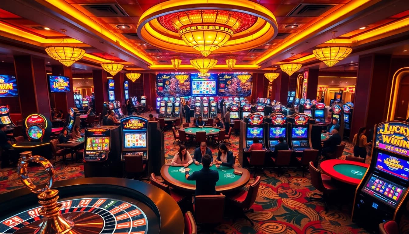 Experience thrilling gameplay at LuckyWin's vibrant casino floor with dynamic slots and poker tables.