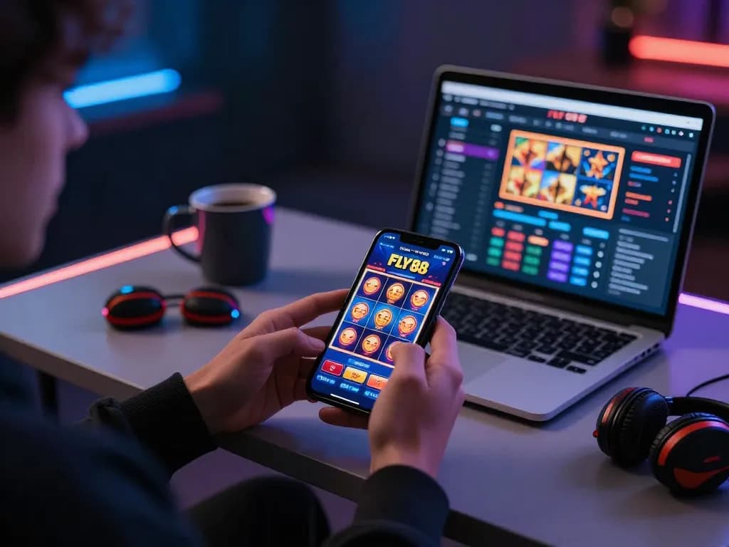 Engaging mobile gaming on FLY 88 app in a stylish home setup