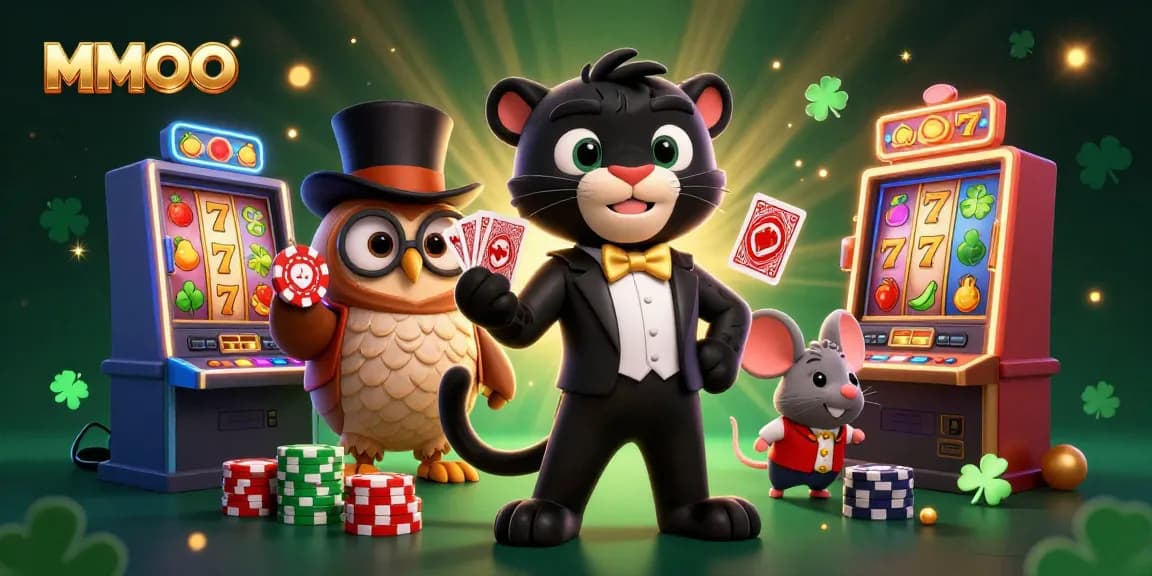 Experience exciting wins at MMOO with vibrant animated characters in a packed casino scene.