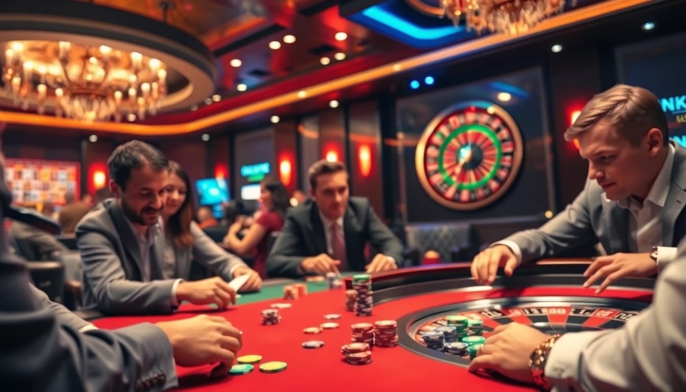 Players enjoying high-stakes poker at a vibrant casino featuring the OK 8386 gaming experience.