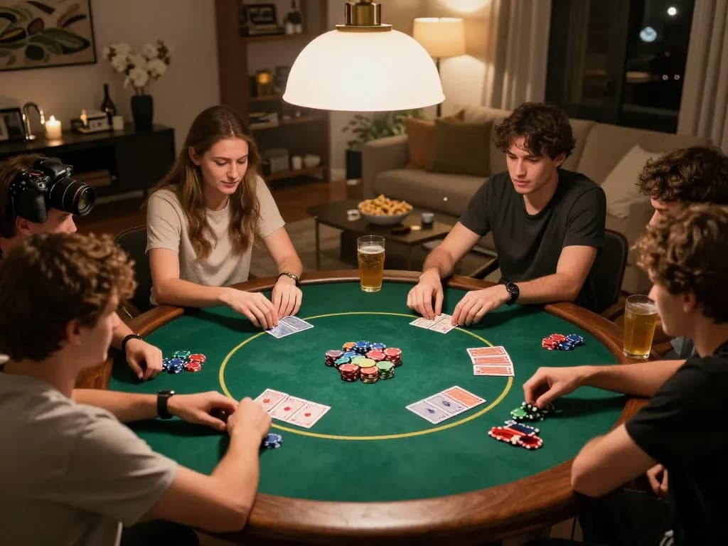 Sunwingo players enjoying a lively home poker night, engaged in Texas Hold'em with chips and cards visible.