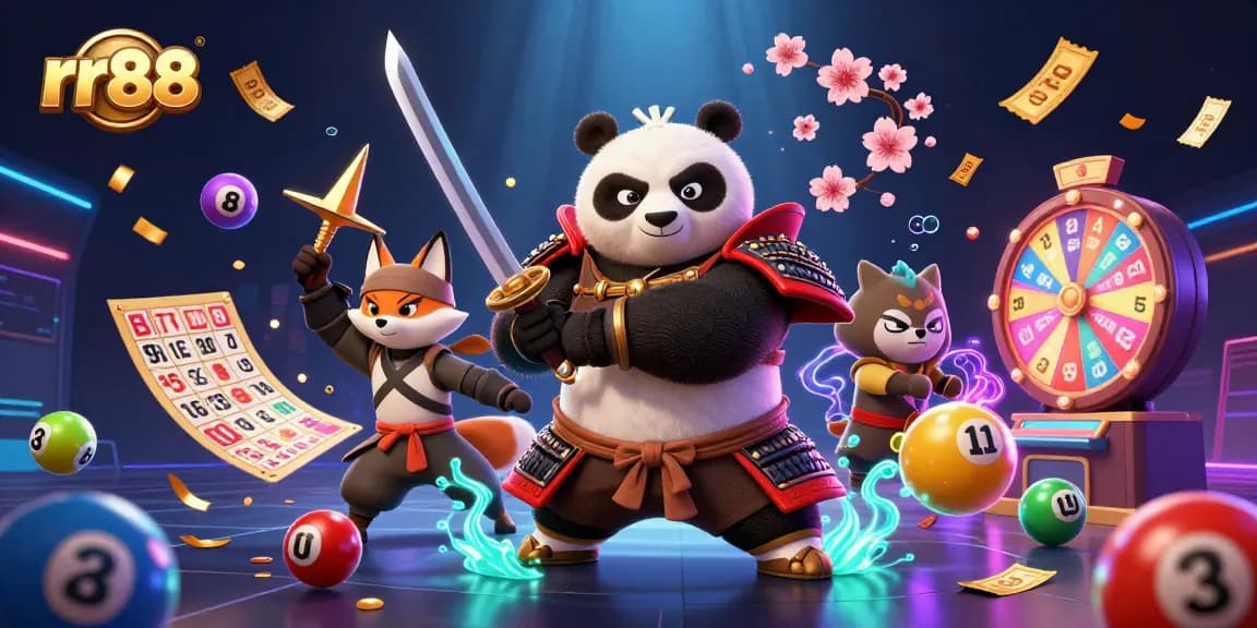 Engage with thrilling gaming at rr88 as a samurai panda and friends celebrate amidst vibrant casino elements.
