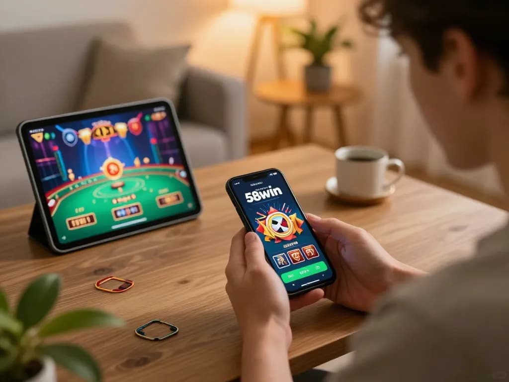 Player engaging with the 58wiin app on their smartphone while enjoying a cozy home gaming experience.