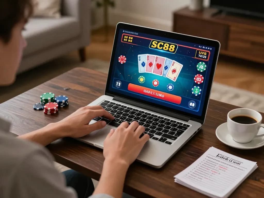 Player enjoying SC88 live dealer game during an online casino experience at home, showcasing vibrant graphics and comfortable setup.