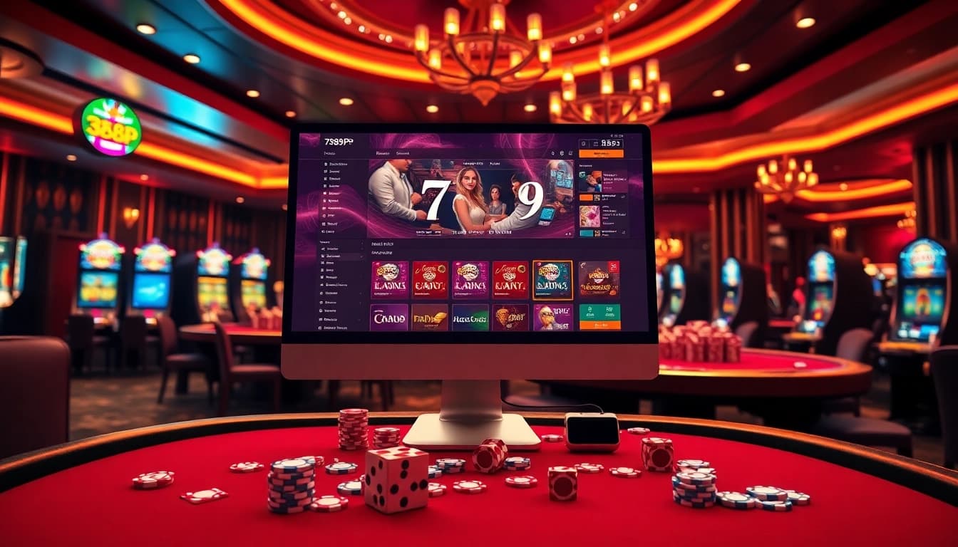 Experience the excitement of 789P đăng nhập with a vivid casino scene featuring games and vibrant slot machines.