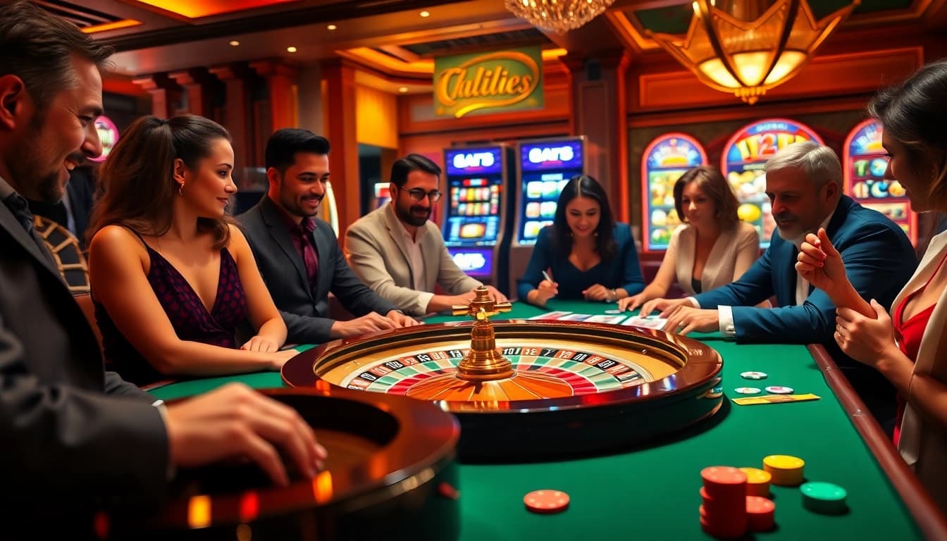 Engaged players at the lavish casino table enjoying 'tha bet' activities with vibrant poker chips.