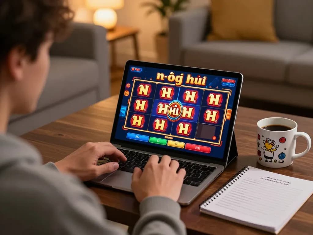 Nổ hũ online gameplay at home, showcasing tablet screen with vibrant slot interface and strategic notes.