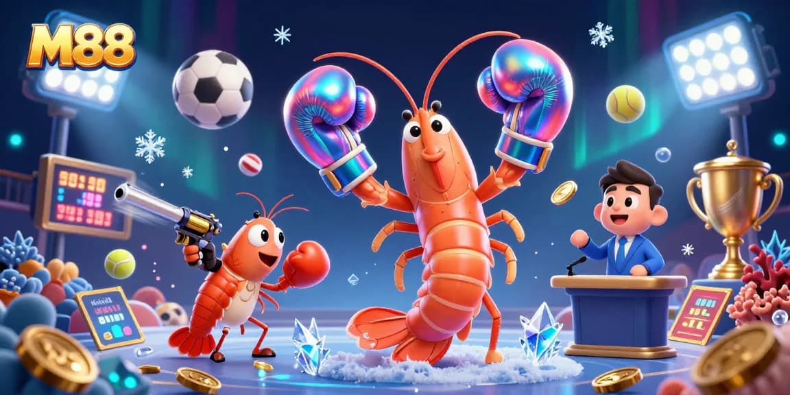 M88 sports betting scene features vibrant 3D mantis shrimp and sports elements in an engaging casino setting.