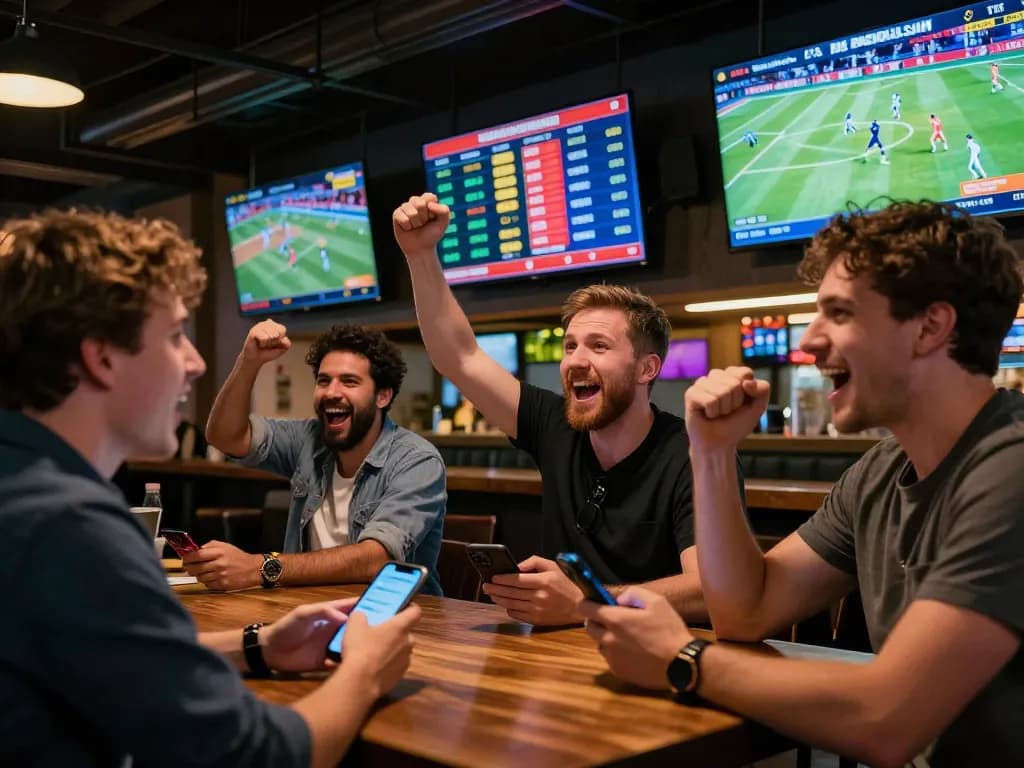 FLY88 sports betting excitement with patrons placing bets and cheering