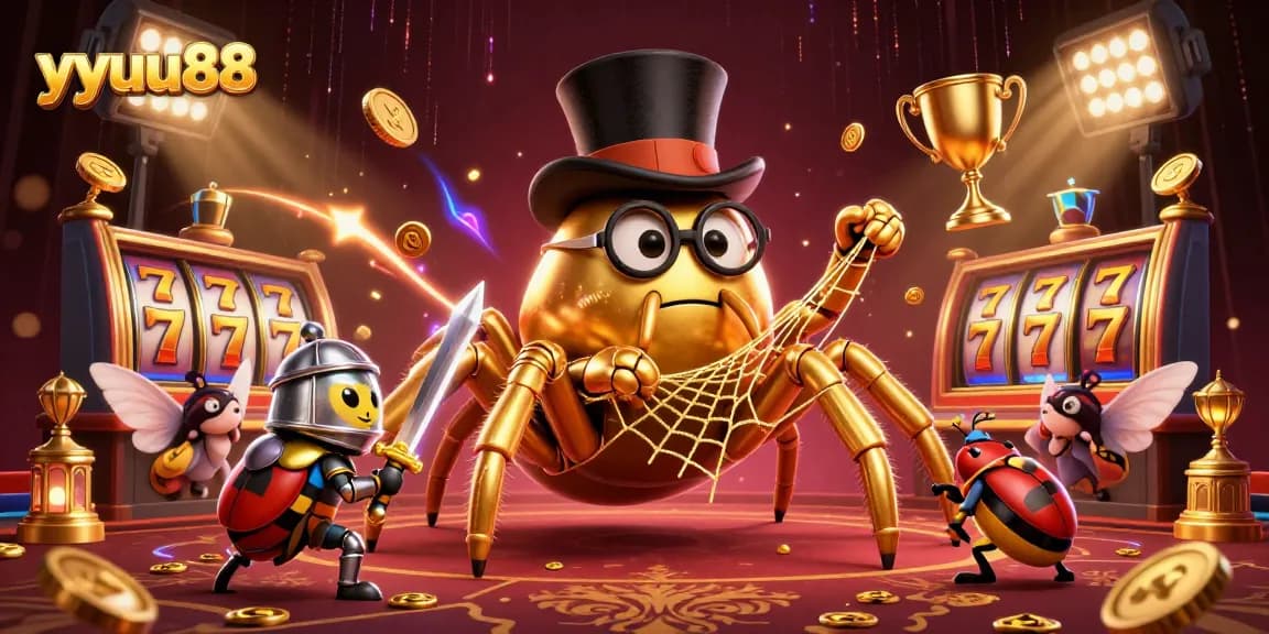 yyuu88 showcases a dynamic scene with a golden tarantula weaving a jackpot web among vibrant casino elements.
