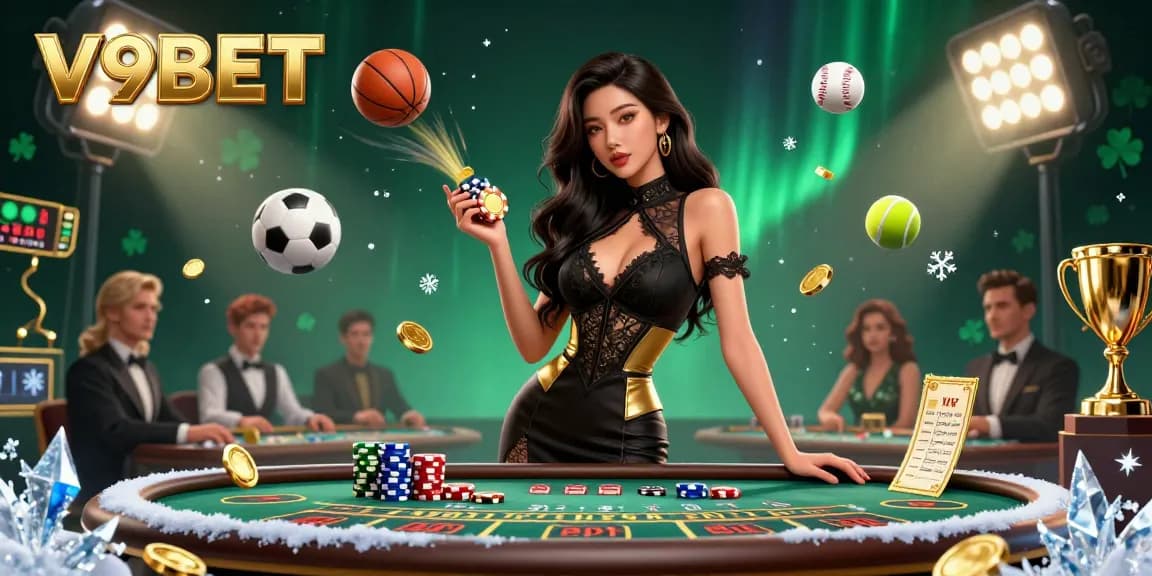 Experience the thrilling atmosphere of V9BET with a beautiful dealer at a VIP baccarat table, surrounded by dynamic casino action.