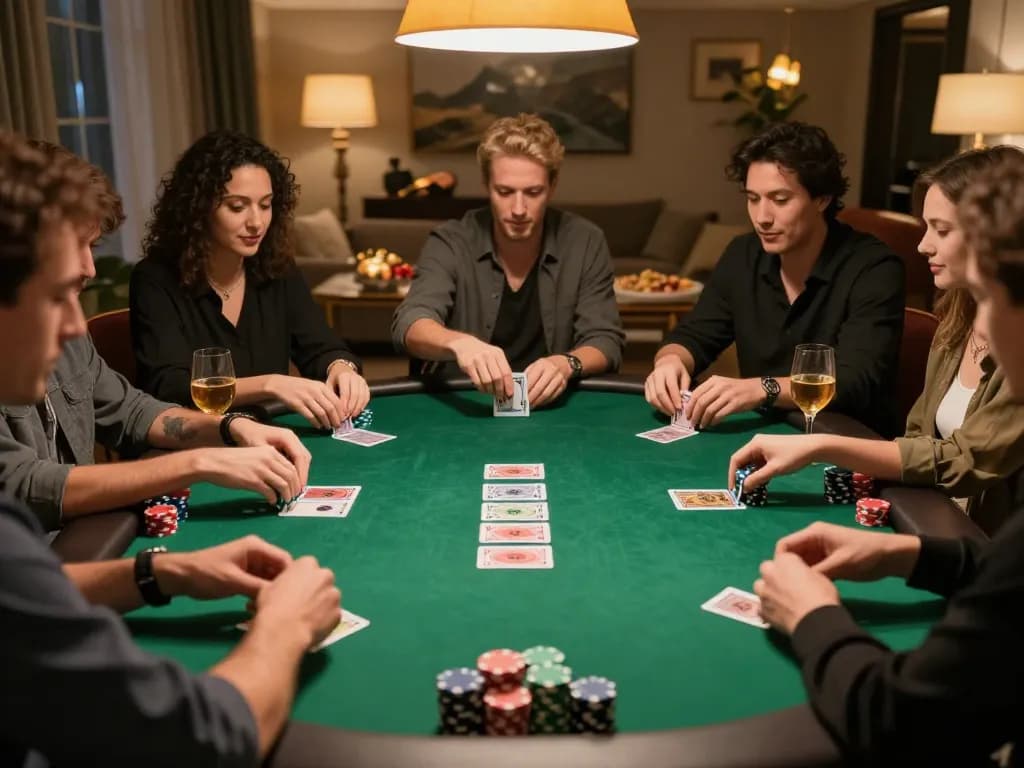 Engaging scene of a home poker game as friends gather to tải hitclub and enjoy an entertaining evening.