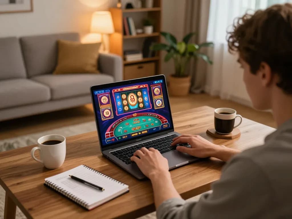 Player enjoying online casino games with sunwin on a laptop at home, showcasing a cozy atmosphere.