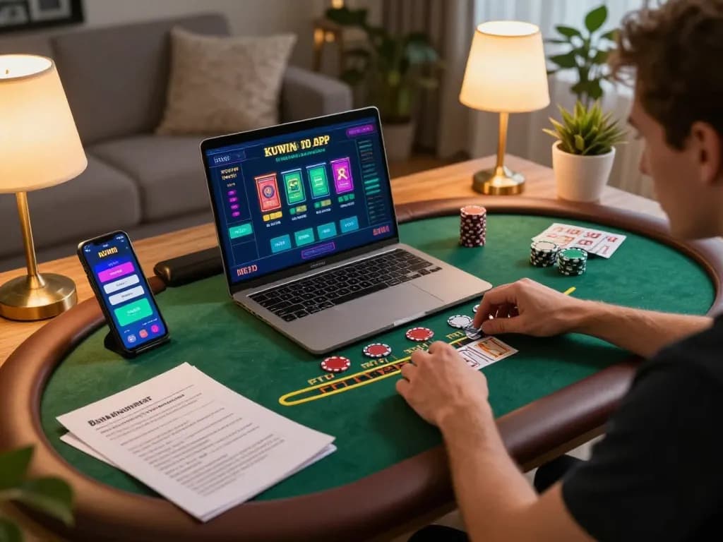 Kuwin player engaged in live dealer blackjack game showcasing strategic gambling in a cozy environment