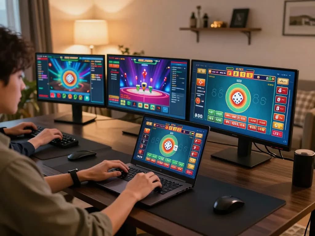 Tài xỉu online uy tín gaming scene with a player engaging on laptop, showcasing betting action and cozy setup