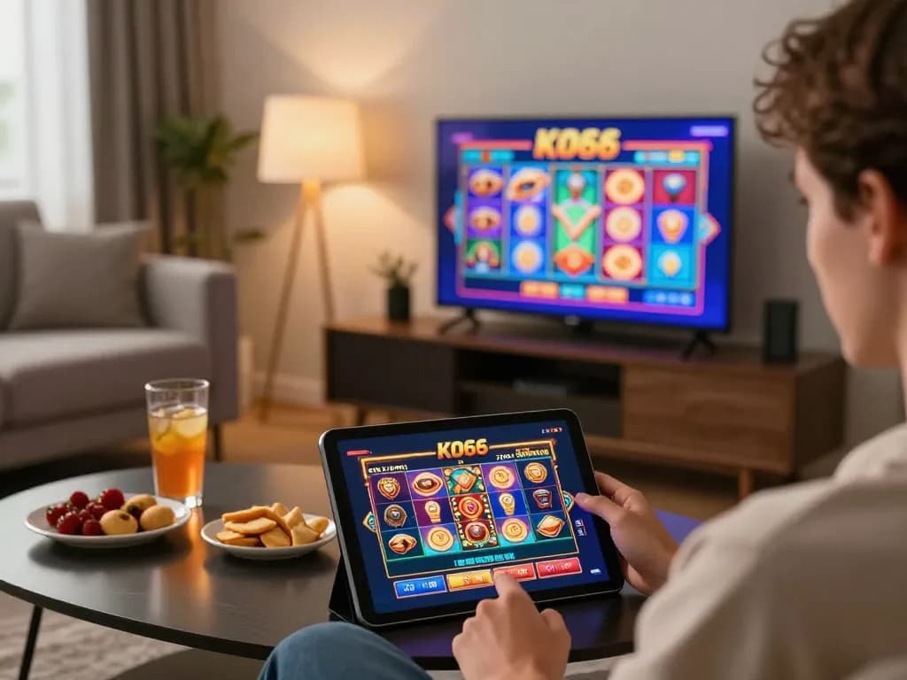 Cảnh chơi game trực tuyến hấp dẫn cho thấy một người chơi đang trải nghiệm trò chơi casino KO66 trên máy tính bảng trong một không gian ấm cúng.