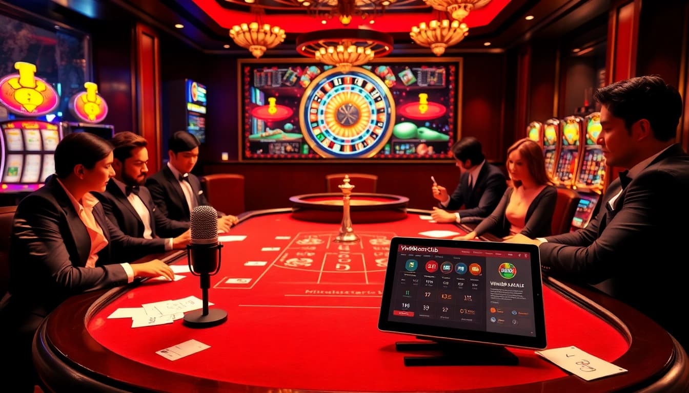 Exciting casino scene featuring players at a poker table with https://vin88zone.club/ displayed on a tablet.