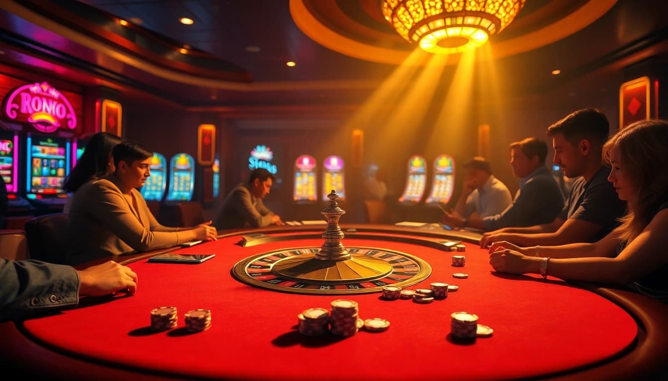Experience the excitement of online gambling at https://jtg88.com/ with a vibrant casino setup featuring poker games and roulette.