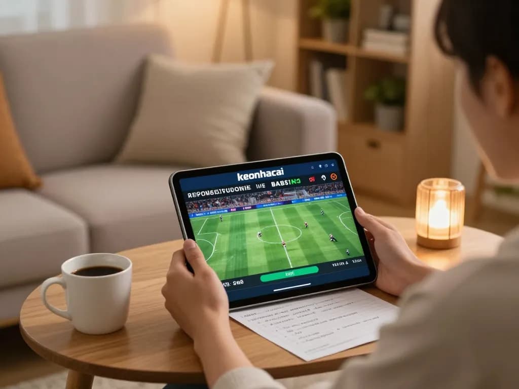 Engaging in online gambling at home, checking keonhacai odds and strategies on a tablet.