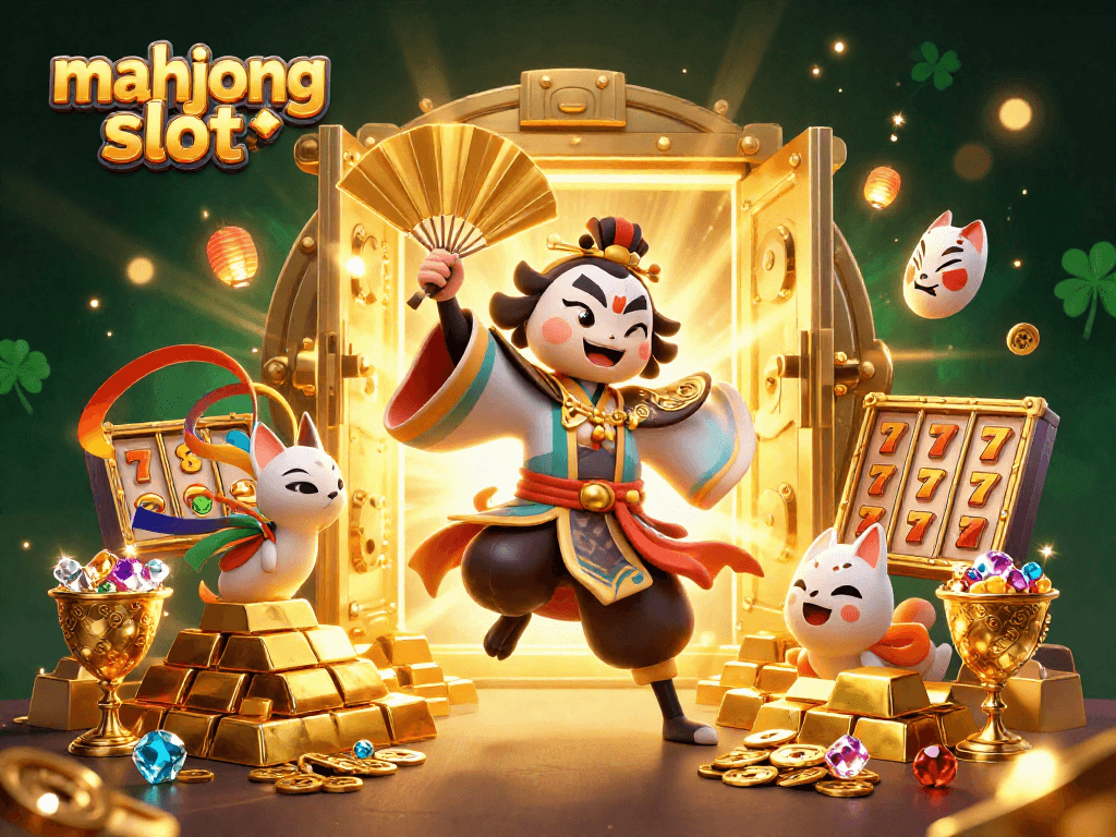 Spin and win with mahjong slot in an exciting, vibrant 3D casino scene featuring mystical characters and treasures.