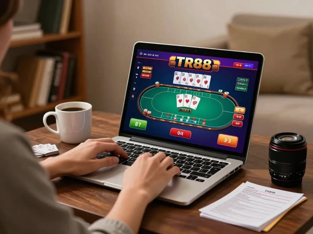 Engage in TR88 casino gaming with a laptop while analyzing betting strategies and having a cozy atmosphere.