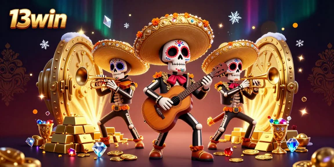 Experience thrilling gameplay with 13win's vibrant casino scene featuring colorful characters and treasures.