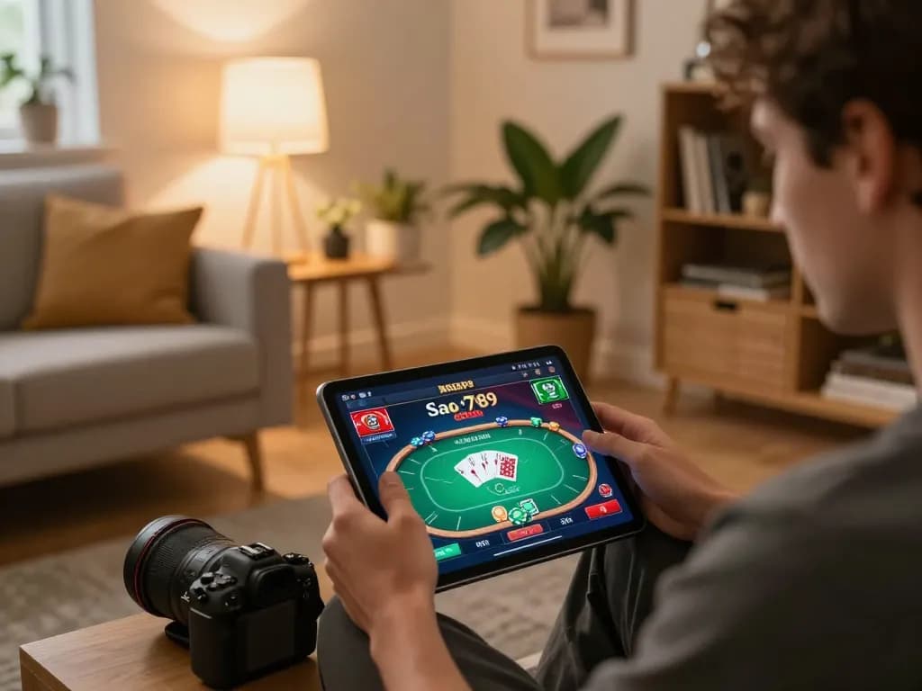 Sao789 player engrossed in vibrant poker game on tablet at home, showcasing strategic gaming.