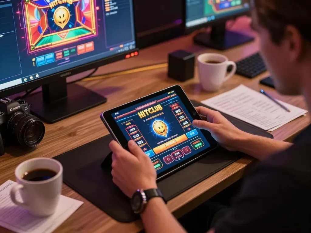Engage with Hitclub casino games on a tablet, capturing a vibrant online gaming experience in a cozy setting