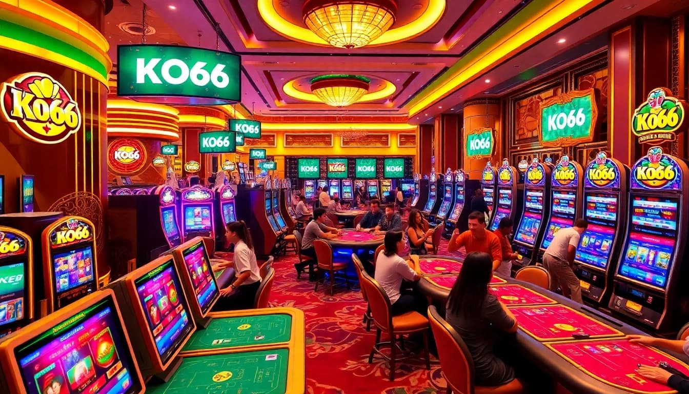 Các người chơi tận hưởng các trò chơi tại casino KO66 với những máy slot đầy màu sắc và bầu không khí hồi hộp.